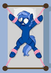 Size: 4227x5960 | Tagged: safe, artist:equestria secret guard, imported from derpibooru, oc, oc only, oc:dark straw, hybrid, pony, zony, armpits, bed, belly button, bondage, featureless crotch, on bed, rope, rope bondage, solo, spread eagle, tied up, vector, zony oc