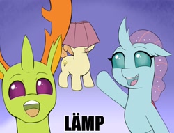 Size: 2048x1562 | Tagged: safe, artist:heretichesh, imported from derpibooru, ocellus, thorax, oc, changedling, changeling, pony, behaving like a moth, bugs doing bug things, foal, hat, king thorax, lampshade, lampshade hat, lämp, meme, pointing, talking to viewer, tongue out, trio, wojak