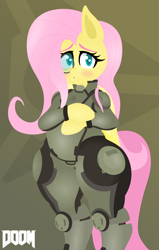 Size: 1938x3051 | Tagged: safe, artist:isaac_pony, imported from derpibooru, fluttershy, pegasus, semi-anthro, clothes, doom, female, glasses, logo, shy, solo, suit, wide hips