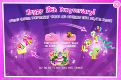 Size: 1962x1304 | Tagged: safe, imported from derpibooru, goldie delicious, mistmane, peachy pitt, earth pony, pony, unicorn, anniversary, balloon, bow, braid, bush, cake, card, clock, clothes, curved horn, english, envelope, ethereal mane, ethereal tail, event, fair way, female, flowing mane, flowing tail, food, gameloft, hair bow, hat, heart, heart balloon, horn, key, mare, mlp gameloft tenth anniversary, official, present, ribbon, tail, text, young, young mistmane