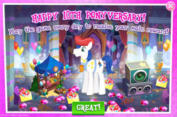 Size: 1960x1298 | Tagged: safe, imported from derpibooru, earth pony, pony, acrylic paint (g4), anniversary, balloon, beret, bust, card, clothes, english, envelope, event, gameloft, gem, hat, heart, heart balloon, male, mlp gameloft tenth anniversary, official, overalls, plushie, solo, solo focus, speaker, stallion, text