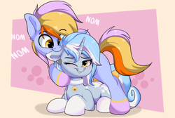 Size: 2454x1652 | Tagged: safe, artist:joaothejohn, imported from derpibooru, oc, oc only, oc:arctic snowfall, pegasus, pony, unicorn, biting, blushing, collar, commission, cute, duo, ear bite, ear piercing, earring, horn, jewelry, looking at each other, looking at someone, lying down, lying on top of someone, nom, oc x oc, pegasus oc, piercing, shipping, simple background, text, unicorn oc