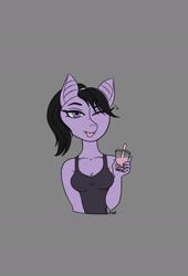 Size: 1250x1834 | Tagged: artist needed, source needed, safe, imported from derpibooru, oc, oc only, anthro, breasts, bubble tea, cleavage, clothes, drink, fangs, female, gray background, heart, one eye closed, ponytail, simple background, tanktop, tongue out, wink