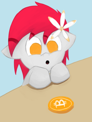 Size: 1143x1511 | Tagged: safe, artist:appledash, derpibooru exclusive, imported from derpibooru, oc, oc only, oc:tiny jasmini, pegasus, pony, :o, bitcoin, cute, female, flower, flower in hair, mare, open mouth, pegasus oc, solo, table
