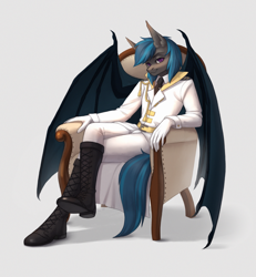 Size: 2769x3000 | Tagged: safe, artist:inarimayer, imported from derpibooru, oc, oc only, oc:nocturne star, anthro, bat pony, blue hair, boots, chair, clothes, gray coat, male, purple eyes, shoes, smug, solo, spread wings, suit, uniform, wings