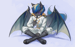 Size: 2530x1590 | Tagged: safe, artist:莫衡, imported from derpibooru, oc, oc only, oc:nocturne star, anthro, bat pony, blue hair, boots, clothes, gray coat, purple eyes, shoes, solo, spread wings, uniform, wings