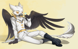 Size: 2530x1590 | Tagged: source needed, safe, artist:莫衡, imported from derpibooru, oc, oc only, oc:tristan alastair, anthro, griffon, boots, claws, clothes, griffon oc, shoes, solo, spread wings, uniform, white fur, wings