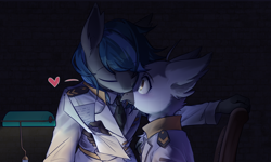 Size: 2500x1500 | Tagged: safe, artist:秋田伊子, imported from derpibooru, oc, oc only, oc:nocturne star, oc:tristan alastair, anthro, bat pony, griffon, bat pony oc, blue hair, blushing, cheek kiss, clothes, gay, gray coat, griffon oc, kissing, male, night, oc x oc, office, shipping, uniform, white fur, yellow eyes