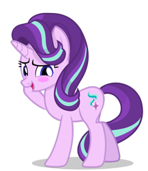 Size: 3260x3754 | Tagged: safe, artist:mrvector, derpibooru exclusive, imported from derpibooru, starlight glimmer, pony, unicorn, blush sticker, blushing, cute, female, glimmerbetes, high res, looking back, mare, open mouth, open smile, raised hoof, shadow, simple background, smiling, solo, transparent background, vector