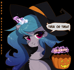 Size: 2000x1885 | Tagged: safe, artist:avrameow, imported from derpibooru, izzy moonbow, pony, unicorn, black background, clothes, costume, g5, halloween, halloween costume, hat, holiday, pumpkin bucket, simple background, witch hat