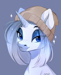 Size: 982x1200 | Tagged: safe, artist:sofiko-ko, imported from derpibooru, oc, oc only, pony, unicorn, beanie, bust, eyeshadow, female, hat, looking at you, makeup, mare, portrait, shiny, smiling, solo