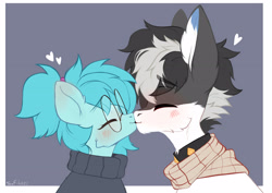 Size: 3508x2480 | Tagged: safe, artist:sofiko-ko, imported from derpibooru, oc, oc only, oc:whispy slippers, pony, clothes, duo, eyes closed, glasses, kiss on the lips, kissing, round glasses, sweater