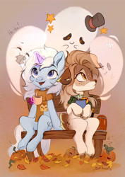 Size: 2894x4093 | Tagged: safe, artist:sofiko-ko, imported from derpibooru, oc, oc only, oc:eula phi, oc:sofiko, deer, pony, unicorn, bell, bell collar, bench, clothes, collar, deer oc, hat, horn, leaves, non-pony oc, pumpkin, scarf, unicorn oc