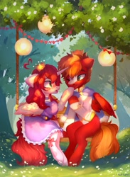 Size: 2994x4096 | Tagged: safe, artist:sofiko-ko, imported from derpibooru, oc, oc only, pegasus, pony, unicorn, clothes, dress, swing