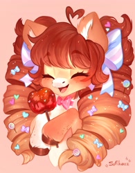 Size: 3198x4096 | Tagged: safe, artist:sofiko-ko, imported from derpibooru, oc, oc only, oc:candy apple, pony, ahoge, candy, food, freckles, solo