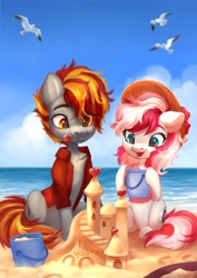 Size: 2896x4096 | Tagged: safe, artist:sofiko-ko, imported from derpibooru, oc, oc only, earth pony, pony, beach, female, high res, male, mare, pail, sand, sandcastle, shipping, stallion, straight