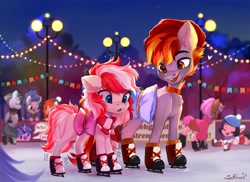 Size: 4096x2981 | Tagged: safe, artist:sofiko-ko, imported from derpibooru, oc, oc only, earth pony, pony, unicorn, clothes, female, hat, high res, ice rink, ice skates, ice skating, male, mare, pillow, skates, stallion, string lights, sweater