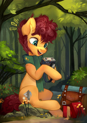 Size: 2894x4093 | Tagged: safe, artist:sofiko-ko, imported from derpibooru, oc, oc only, earth pony, pony, backpack, bag, camera, clothes, forest, high res, male, scarf, solo, stallion, tree