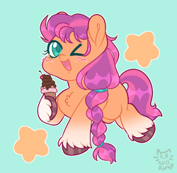 Size: 1244x1221 | Tagged: safe, artist:zerotheillemonati, imported from derpibooru, sunny starscout, earth pony, pony, braid, braided ponytail, chibi, cute, female, food, g5, ice cream, ice cream cone, one eye closed, ponytail, solo, sunnybetes, unshorn fetlocks, wink