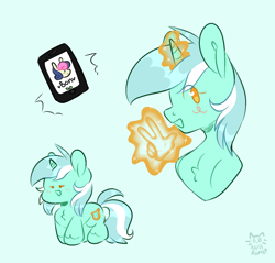 Size: 1254x1200 | Tagged: safe, artist:zerotheillemonati, imported from derpibooru, bon bon, lyra heartstrings, sweetie drops, pony, unicorn, cellphone, cute, female, glowing, glowing horn, green background, hand, horn, lyrabetes, magic, magic hands, mare, open mouth, open smile, phone, simple background, smiling