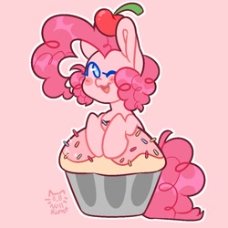 Size: 1000x1000 | Tagged: safe, artist:zerotheillemonati, imported from derpibooru, pinkie pie, earth pony, pony, cupcake, female, food, pink background, simple background, solo