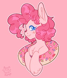 Size: 672x784 | Tagged: safe, artist:zerotheillemonati, imported from derpibooru, pinkie pie, earth pony, pony, donut, female, food, pink background, simple background, solo