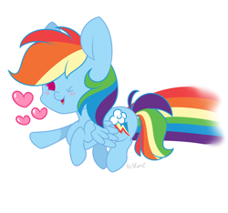 Size: 3200x3000 | Tagged: safe, artist:zerotheillemonati, imported from derpibooru, rainbow dash, pegasus, pony, blushing, chibi, cute, dashabetes, female, flying, heart, mare, one eye closed, open mouth, open smile, rainbow trail, simple background, smiling, solo, white background