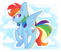 Size: 1874x1600 | Tagged: safe, artist:zerotheillemonati, imported from derpibooru, rainbow dash, pegasus, pony, backwards cutie mark, chest fluff, cloud, ear fluff, female, fluffy, grin, looking sideways, outline, sky background, smiling, solo, white outline