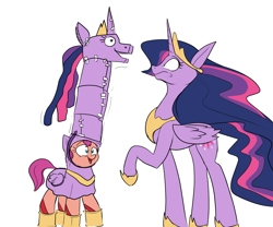 Size: 2400x2000 | Tagged: safe, artist:rocket-lawnchair, imported from derpibooru, sunny starscout, twilight sparkle, alicorn, earth pony, pony, :s, clothes, cosplay, costume, creeped out, duo, filly, filly sunny starscout, g5, height difference, jesus christ how horrifying, jewelry, long mane, long neck, long tail, necc, older, older twilight, open mouth, open smile, pinpoint eyes, princess twilight 2.0, raised hoof, regalia, shocked, shocked expression, shrunken pupils, simple background, slim, smiling, sunny and her heroine, surprised, surprised face, tail, tall, the burdened, twilight sparkle (alicorn), wavy mouth, white background, younger