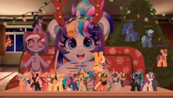 Size: 706x402 | Tagged: safe, artist:partylikeanartist, imported from derpibooru, oc, oc:indigo wire, anthro, pony, unicorn, anthro with ponies, antlers, christmas, christmas lights, christmas tree, couch, doki doki literature club, hat, holiday, just monika, monika, ponytail, santa hat, streaming, table, text, thumbnail, tree, vtuber