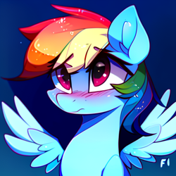 Size: 512x512 | Tagged: safe, imported from derpibooru, rainbow dash, pegasus, pony, ai content, ai generated, blushing, female, generator:stable diffusion, mare, solo, wings