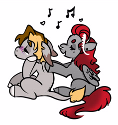 Size: 3298x3477 | Tagged: safe, artist:opalacorn, imported from derpibooru, oc, oc only, oc:void, pegasus, pony, backrub, duo, floppy ears, music notes, nose piercing, nose ring, piercing, simple background, singing, white background