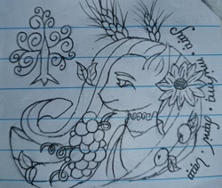 Size: 3197x2694 | Tagged: safe, artist:tupuan, imported from derpibooru, pony, flower, food, grapes, leaves, lined paper, magic, solo, traditional art, tree