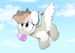 Size: 3035x2150 | Tagged: safe, artist:mochi_nation, imported from derpibooru, oc, oc only, oc:sunrich maron, pegasus, pony, clothes, coat markings, cute, eye clipping through hair, female, flying, freckles, high res, mare, mouth hold, ocbetes, slippers, solo