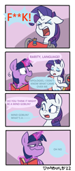 Size: 984x2240 | Tagged: safe, artist:dimbulb, imported from derpibooru, rarity, twilight sparkle, alicorn, pony, unicorn, book, censored, censored vulgarity, comic, deez nuts, female, henway, joke, lesbian, oh no, rarilight, shipping, twilight sparkle (alicorn), vulgar