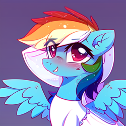 Size: 512x512 | Tagged: safe, imported from derpibooru, rainbow dash, pegasus, pony, ai content, ai generated, blushing, clothes, dress, generator:stable diffusion, looking at you, rainbow dash always dresses in style, solo, wedding dress