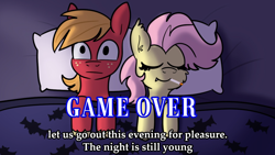 Size: 1920x1080 | Tagged: safe, artist:tjpones, imported from derpibooru, big macintosh, fluttershy, bat pony, earth pony, pony, :|, aftersex, bat ponified, bed, castlevania, castlevania: symphony of the night, cheek fluff, cigarette, duo, eyes closed, female, flutterbat, fluttermac, game over, halloween, holiday, in bed, male, mare, open mouth, overhead view, race swap, screenshots, sheet, shipping, smiling, smoking, stallion, stare, straight, text, video at source