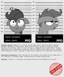 Size: 910x1100 | Tagged: safe, artist:dan232323, imported from derpibooru, scootaloo, pony, bloodshot eyes, bust, implied cutie mark crusaders, implied drug use, implied rainbow dash, implied zecora, mugshot, my little criminal records