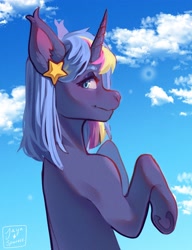 Size: 2773x3619 | Tagged: safe, artist:jaynsparkle, imported from derpibooru, oc, oc only, pony, unicorn, commission, female, hair accessory, looking back, mare, sky, smiling, solo, underhoof