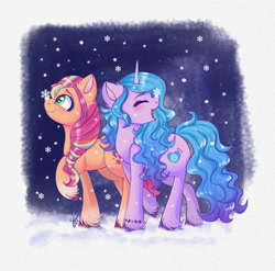 Size: 1530x1510 | Tagged: safe, artist:galaxy swirl, imported from derpibooru, izzy moonbow, sunny starscout, earth pony, pony, unicorn, spoiler:g5, bracelet, braid, braided ponytail, duo, duo female, eyes closed, female, friendship bracelet, g5, happy, jewelry, mare, open mouth, open smile, ponytail, smiling, snow, snowfall, snowflake, unshorn fetlocks, winter