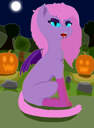 Size: 800x1080 | Tagged: safe, artist:neytria165, imported from derpibooru, oc, oc:neytria nebula, undead, vampony, halloween, jack-o-lantern, nightmare night, pumpkin, scenery, sitting