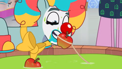 Size: 3072x1727 | Tagged: safe, imported from derpibooru, screencap, earth pony, pony, spoiler:g5, spoiler:my little pony: tell your tale, spoiler:tyts01e30, apple, apple bobbing, clown, clown makeup, clown nose, food, g5, high res, male, my little pony: tell your tale, nightmare night party, offscreen character, red nose, rufus, solo focus, stallion, youtube link