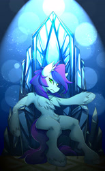 Size: 2347x3800 | Tagged: artist needed, source needed, safe, imported from derpibooru, oc, oc only, oc:crystal eve, pony, belly fluff, chest fluff, fluffy, sitting, solo, throne, unshorn fetlocks