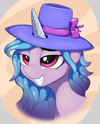 Size: 4254x5277 | Tagged: safe, artist:itchystomach, derpibooru exclusive, imported from derpibooru, izzy moonbow, pony, unicorn, digital art, female, g5, grin, hat, mare, ribbon, smiling, smug, solo