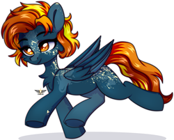 Size: 2285x1835 | Tagged: safe, artist:fluffywhirlpool, imported from derpibooru, oc, oc only, pegasus, pony, catchlights, chest fluff, eyebrows, eyebrows visible through hair, female, folded wings, freckles, full body, heart, heart eyes, looking away, mare, multicolored mane, multicolored tail, orange eyes, pegasus oc, short mane, simple background, smiling, solo, spots, tail, trade, white background, wingding eyes, wings