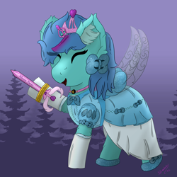 Size: 3000x3000 | Tagged: safe, artist:spiroudada, imported from derpibooru, oc, oc only, oc:magic star, pony, unicorn, clothes, crossdressing, cute, dress, fairy wings, female, filly, foal, happy, princess dress, smiling, solo, sword, weapon, wings