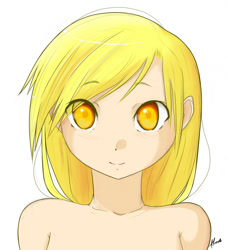 Size: 800x878 | Tagged: safe, artist:derpiihooves, imported from derpibooru, derpy hooves, human, 2011, bare shoulder portrait, bare shoulders, bust, female, humanized, looking at you, nudity, old art, portrait, simple background, solo, underp, white background