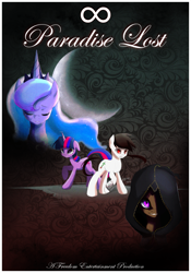Size: 2099x3000 | Tagged: safe, artist:derpiihooves, imported from derpibooru, princess luna, twilight sparkle, oc, alicorn, earth pony, pony, unicorn, 2012, crescent moon, crying, evil grin, fanfic art, female, grin, high res, hood, mare, moon, old art, smiling, unicorn twilight