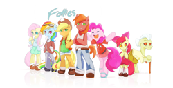 Size: 3800x1952 | Tagged: safe, artist:derpiihooves, imported from derpibooru, apple bloom, applejack, big macintosh, fluttershy, granny smith, pinkie pie, rainbow dash, semi-anthro, 2012, bipedal, clothes, fanfic art, female, high res, male, mare, old art, reflection, shoes, simple background, stallion, white background