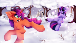 Size: 5000x2831 | Tagged: safe, artist:shinoshai, imported from derpibooru, discord, twilight sparkle, oc, earth pony, pony, unicorn, circling stars, dizzy, ear fluff, floppy ears, g4, grin, hooves together, not scootaloo, not sunny starscout, smiling, snow, snowball, snowball fight, tree, trio, unicorn twilight, winter